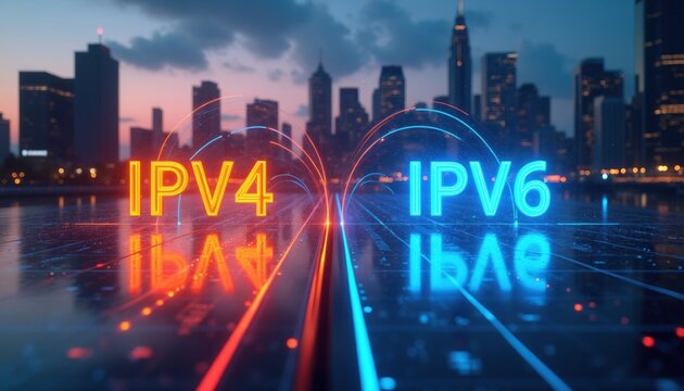 Digital city skyline at dusk displays glowing neon text IPv4 and IPv6. Illustrates internet protocol transition and network evolution. Futuristic tech concept.