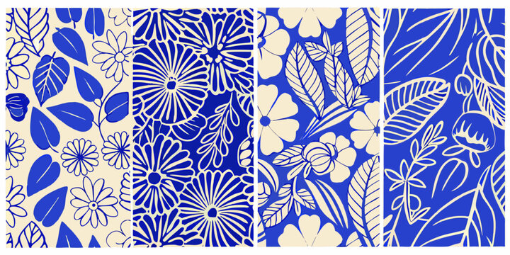 Floral pattern quartet with distinct blue and white botanical designs