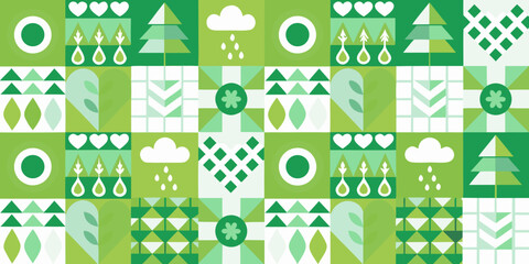 nature themed pattern with stylized icons in shades of green © Roni