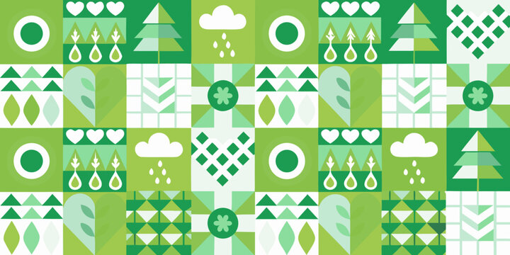 nature themed pattern with stylized icons in shades of green