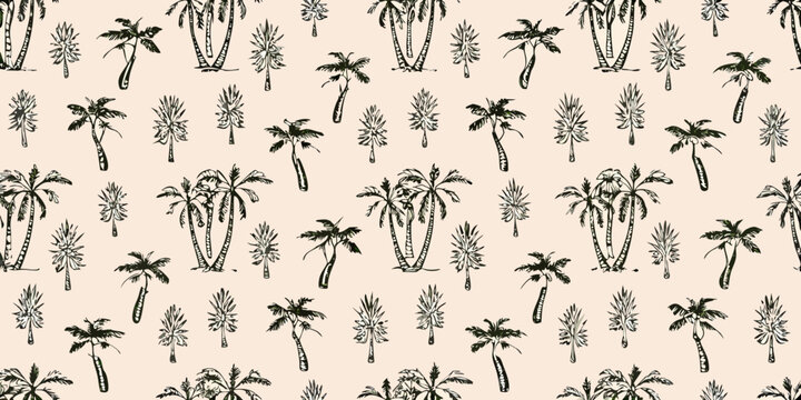 Palm tree pattern hand drawn tropical foliage on beige background