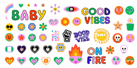 Colorful sticker collection with retro typography and playful illustrations on white © Roni