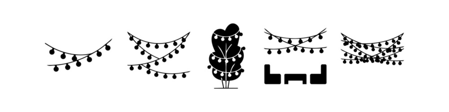 Set of black silhouette icons featuring festive outdoor string lights, decorated trees, and patio furniture scenes. Ideal for event planning, garden design, and wedding invitation graphics.