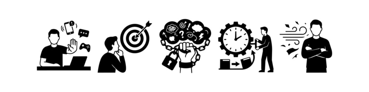 Set of minimalist black and white icons illustrating productivity, focus, time management, self-discipline, and mental resilience concepts for personal and professional growth.