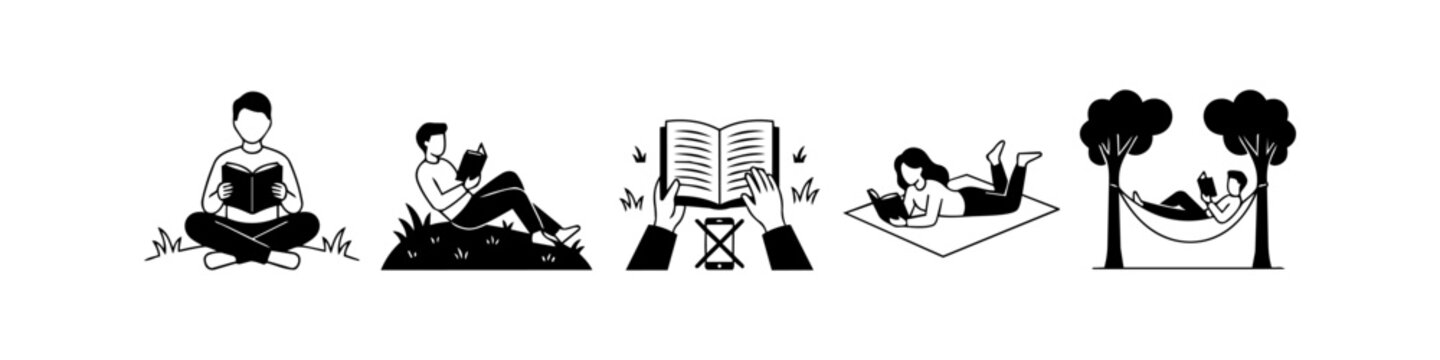 Minimalist black and white illustrations of people reading books outdoors in nature. Featuring scenes of relaxation, hammocks, and digital detox for a quiet and peaceful lifestyle.