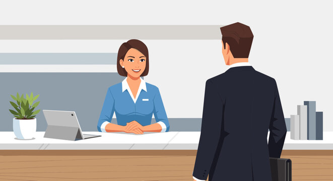 Businessman talking to a receptionist at the counter