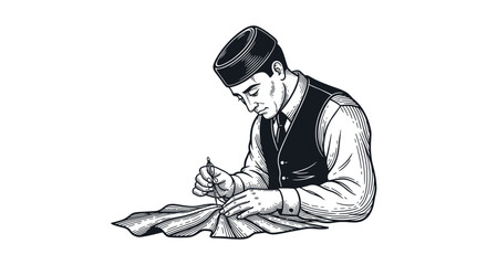 Obraz premium Man in traditional clothing sewing fabric with needle