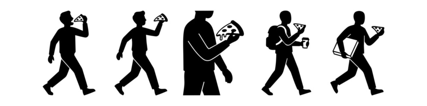 Set of black silhouette icons depicting people walking while eating pizza slices and carrying takeaway boxes, perfect for street food and fast-food concepts.