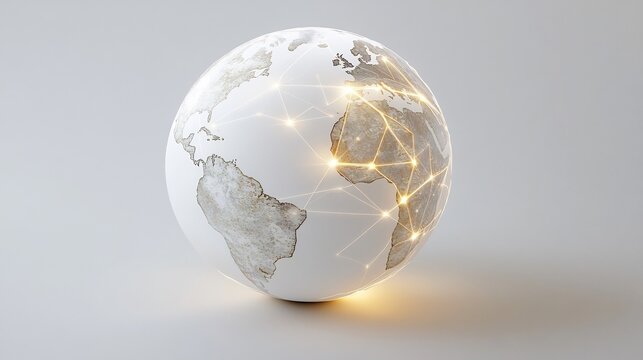 A 3d Rendered Globe With Illuminated Connection Points Across Continents White Background