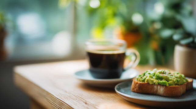 Mother's Day breakfast setup with avocado toast and coffee on a natural wooden table for a serene morning and special occasion concept. Defocused background. Avocado toast coffee,