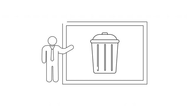 Man presenting a trash can icon on a whiteboard.