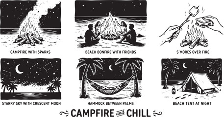 People relax around campfire with friends near tent on beach © Crushin