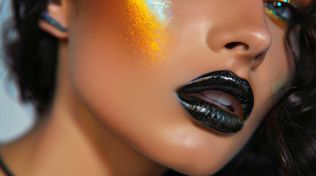 A close-up shot of a woman's face showcasing vibrant makeup and lip gloss tubes in soft pastel colors