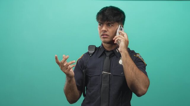 Man police officer in uniform holds smartphone to ear with hand raised and radio mic visible in studio; frustration duty.