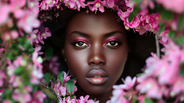 A close-up portrait of a woman with natural makeup surrounded by vibrant pink flowers and green leaves in a serene outdoor setting.