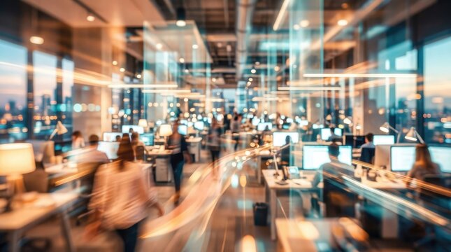Modern office interior with digital data overlays and people
