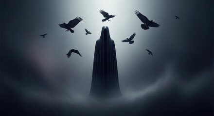 Fototapeta premium A tall dark cloaked shape remains motionless in a dense haunting mist as several black birds circle within a cold and gloomy atmosphere, ravens, darkness, spooky