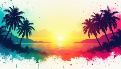 Fototapeta premium Silhouettes of palm trees border tropical ocean at vibrant sunset. Colorful paint splatters add abstract effect to beach scene. Sunny horizon over calm water.