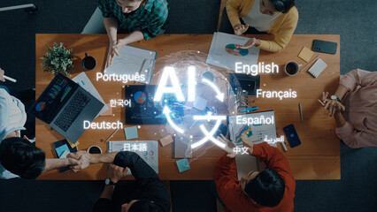 A diverse group of professionals collaborates on an AI project in a modern office, featuring data visualization and global language representation, highlighting teamwork. Trope © InfiniteFlow
