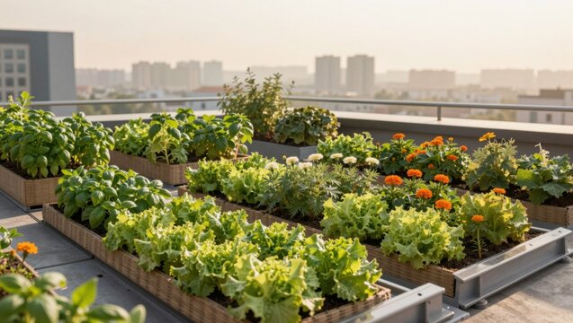 Rooftop vegetable garden with planter boxes on urban terrace