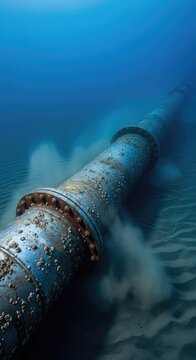 An industrial metal pipeline stretches across the dark silty ocean floor deep underwater, surrounded by cold blue currents and sediment, depths, floor, benthic