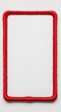 Blank rectangular embroidered patch with a vibrant red border and white interior space for identification labels on clothes and fabrics, top view, utility, sewing