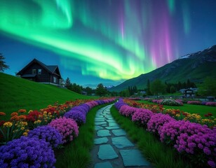 Fototapeta premium Stone path winds through vibrant flower beds under green purple aurora borealis sky. Log house on grassy hill, mountains in distance. Peaceful summer night in village.