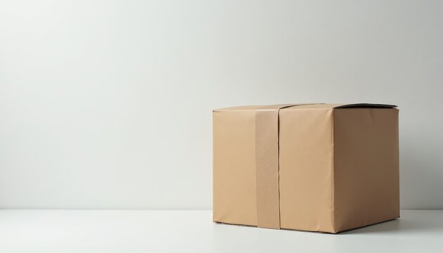 Brown cardboard box with kraft paper tape sits on white table. Empty package waits for shipping. Plain container for delivery. Eco friendly parcel ready for transport.