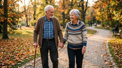 Obraz premium Elderly couple walking hand in hand through autumn park scenery 
