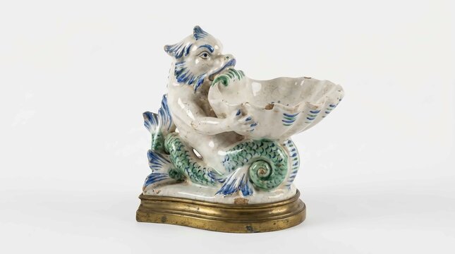 Antique ceramic figurine of a merman holding a shell dish