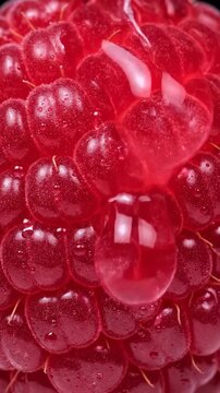 Extreme Macro of Fresh Red Raspberry with Water Droplets for Healthy Food Content and Culinary Backgrounds Vertical. Video. Portrait Orientation.