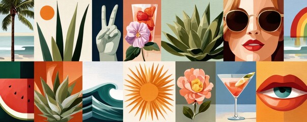 Obraz premium Vibrant colorful graphic art grid collage of summer icons and retro beach illustrations