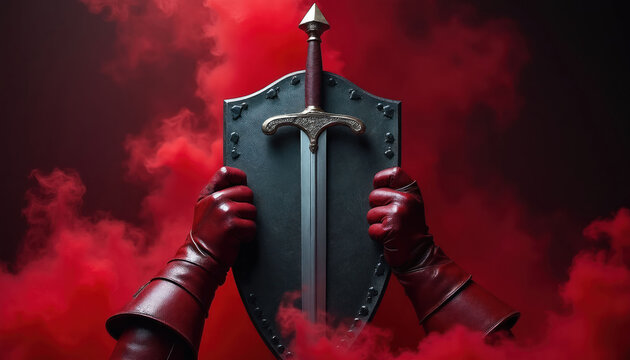Dark fantasy scene with ornate sword held behind dark shield. Red leather gloved hands grip shield. Red smoke swirls around medieval weapon. Dramatic powerful composition.