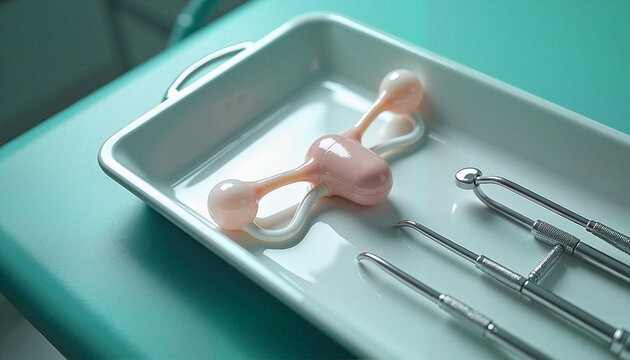 Gynecological medical instruments with pelvic floor trainer on tray
