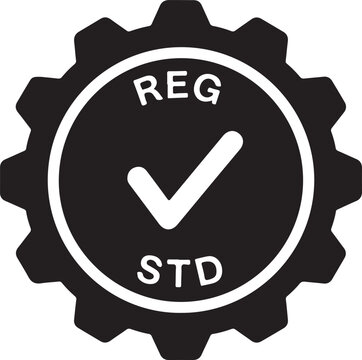 Black gear icon with white checkmark, REG STD text, industrial cog symbol, verified status sign