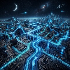 Fototapeta premium Futuristic Smart City with Glowing Blue Data Highways and Neon Circuit Lines Representing High-Speed Internet and Digital Connectivity.