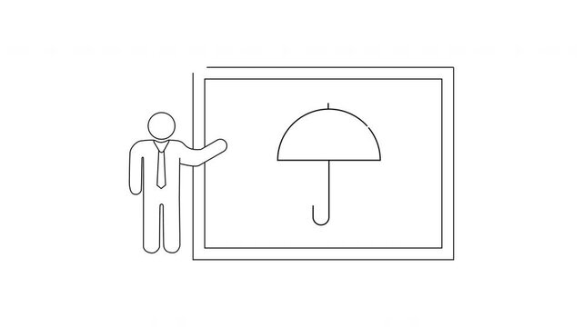 Man presenting umbrella symbol on whiteboard for protection concept.