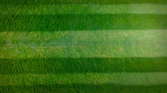 Lush green grass field features perfectly groomed parallel stripes that create a clean and refreshing texture for any athletic project