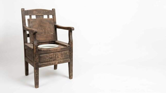 Antique wooden commode chair with ceramic basin