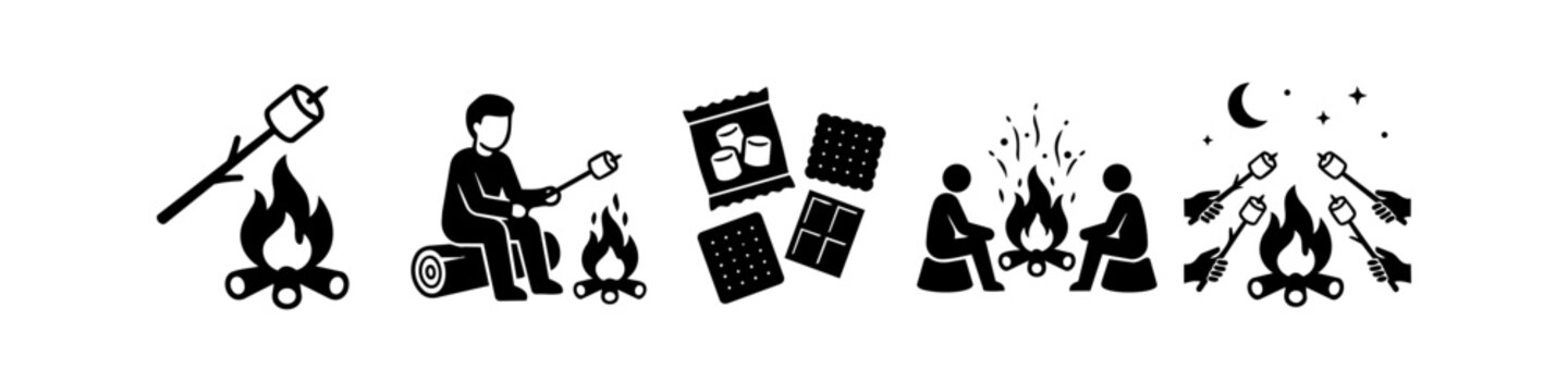Minimalist black and white vector icons depicting camping scenes, roasting marshmallows over a campfire, and s'mores ingredients. Ideal for outdoor adventure and summer vacation themes.