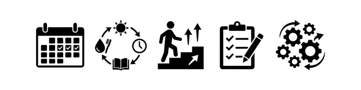 Set of black productivity icons for daily routine, personal growth, task management, and workflow optimization. Features calendar, habit loop, progress stairs, checklist, and gears.
