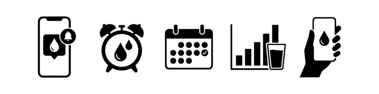 Set of minimalist water tracking and hydration reminder icons for mobile apps. Includes notification, alarm clock, calendar, progress chart, and smartphone in hand. Black vector signs.