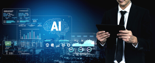 Business Professional Interacting with Advanced Technology Displaying Artificial Intelligence Data...