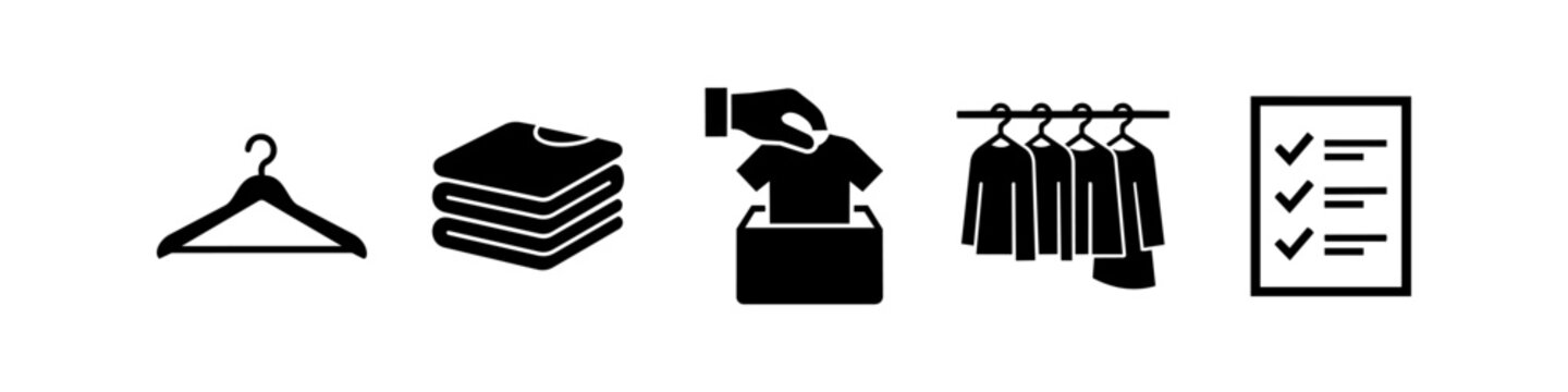 Black icons for clothing donation, closet organization, and laundry management, featuring a hanger, folded clothes, donation box, garment rack, and a checklist on a white background.