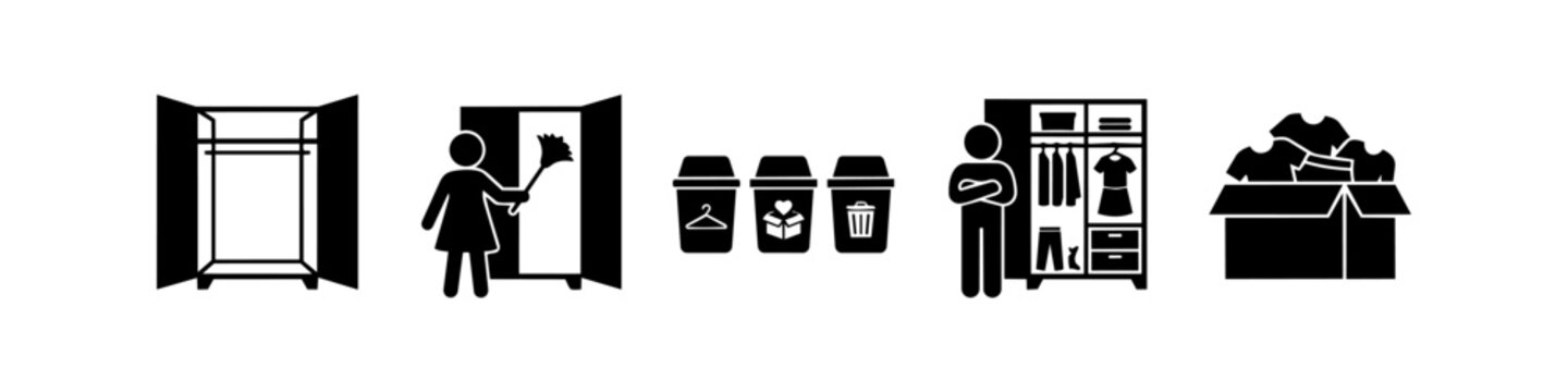 Vector icon set depicting the process of organizing a closet: cleaning, sorting items for donation or disposal, and achieving a tidy, organized wardrobe. Ideal for minimalist living themes.