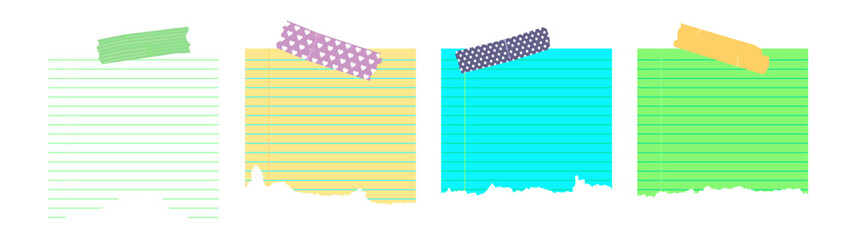 Set of lined legal pad paper with tape. Blue, yellow, green, pink notepad sheet. Vibrant templates for memo. © Anchous