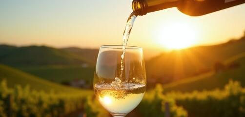 Obraz premium White wine pours into glass with vineyard hills at sunset. Golden sun rays shine through green rolling landscape. Relaxing wine tasting experience at winery.