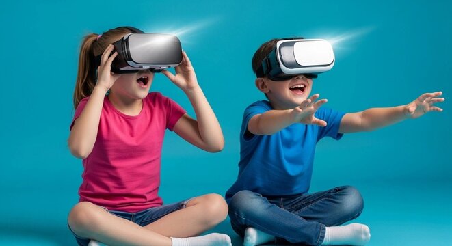 Children wearing virtual reality headsets playing together in bright studio setting