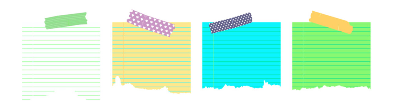 Set of lined legal pad paper with tape. Blue, yellow, green, pink notepad sheet. Vibrant templates for memo.