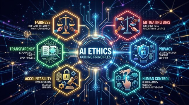 A conceptual visualization of AI ethics, digital icons representing fairness, transparency, accountability, bias, privacy, and
